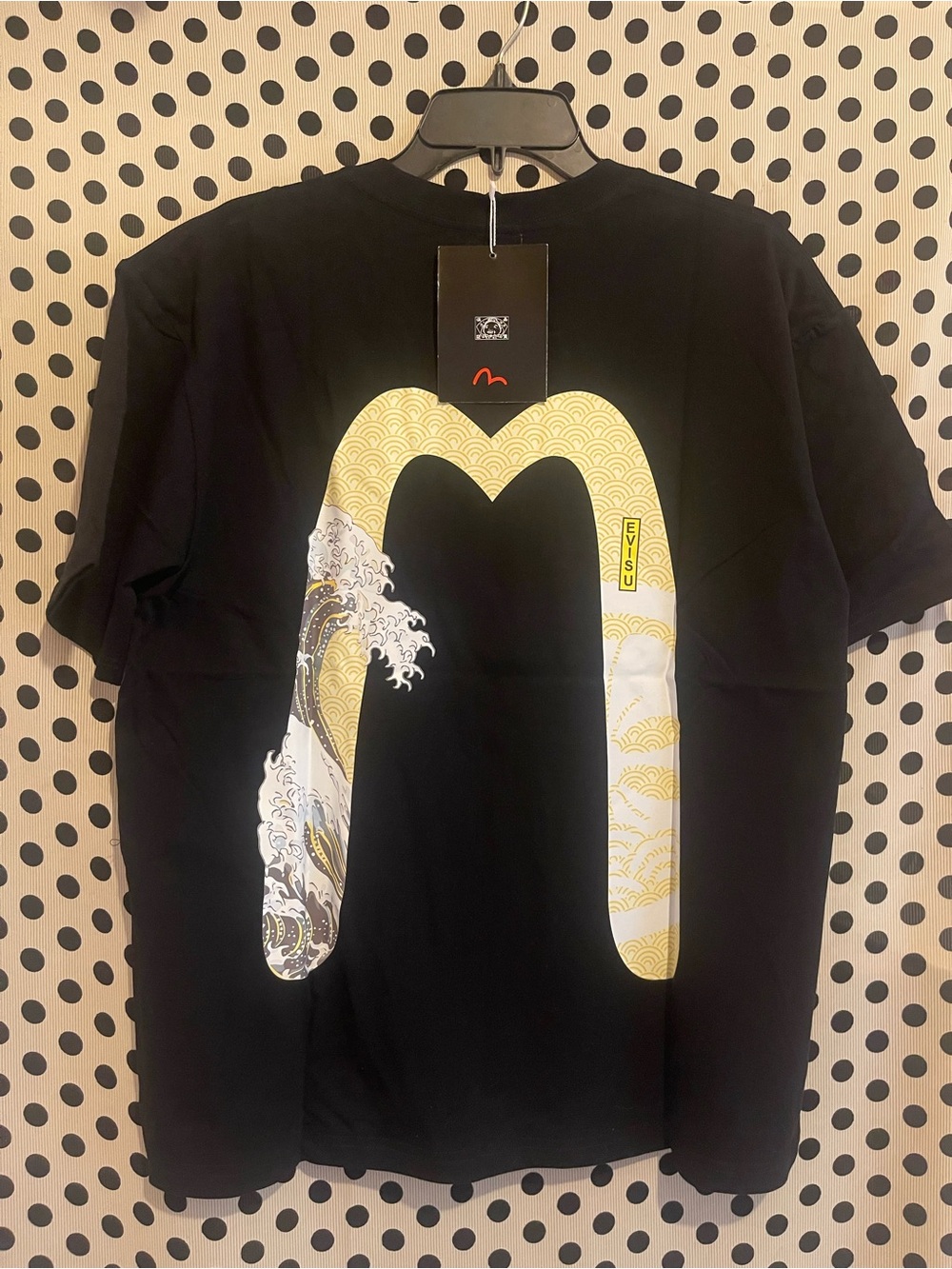 Evisu Black Tee with Yellow & White Wave Logo